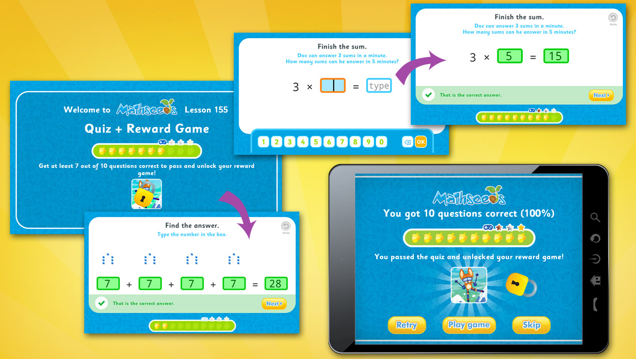 Screenshots of some of the Mathseeds quiz screens
